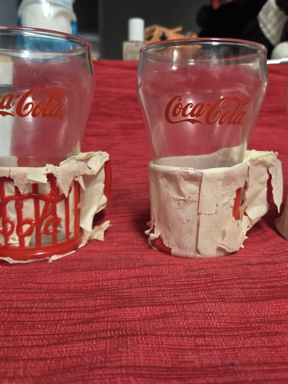 Vintage 1985 Coca-Cola Bell Glasses with Original Red Holders – Set of 4